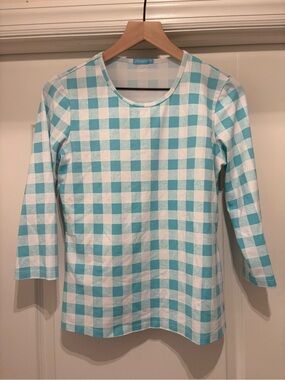 Women’s J. McLaughlin teal blue and white gingham 3/4-sleeve top size M